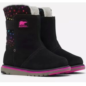 Sorel Kids Rylee Black Suede Rainbow Metalic Stars Faux Fur Waterproof Boots